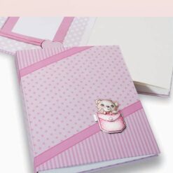 ALBUM PORTAFOTO CELESTE CON ORSETTO IN TASCA IN ARGENTO ROSA